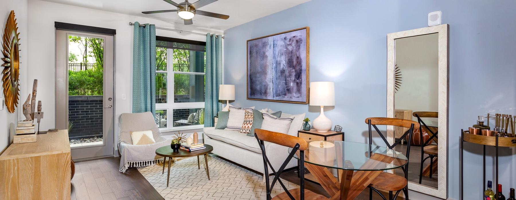 a living room with a wood floor